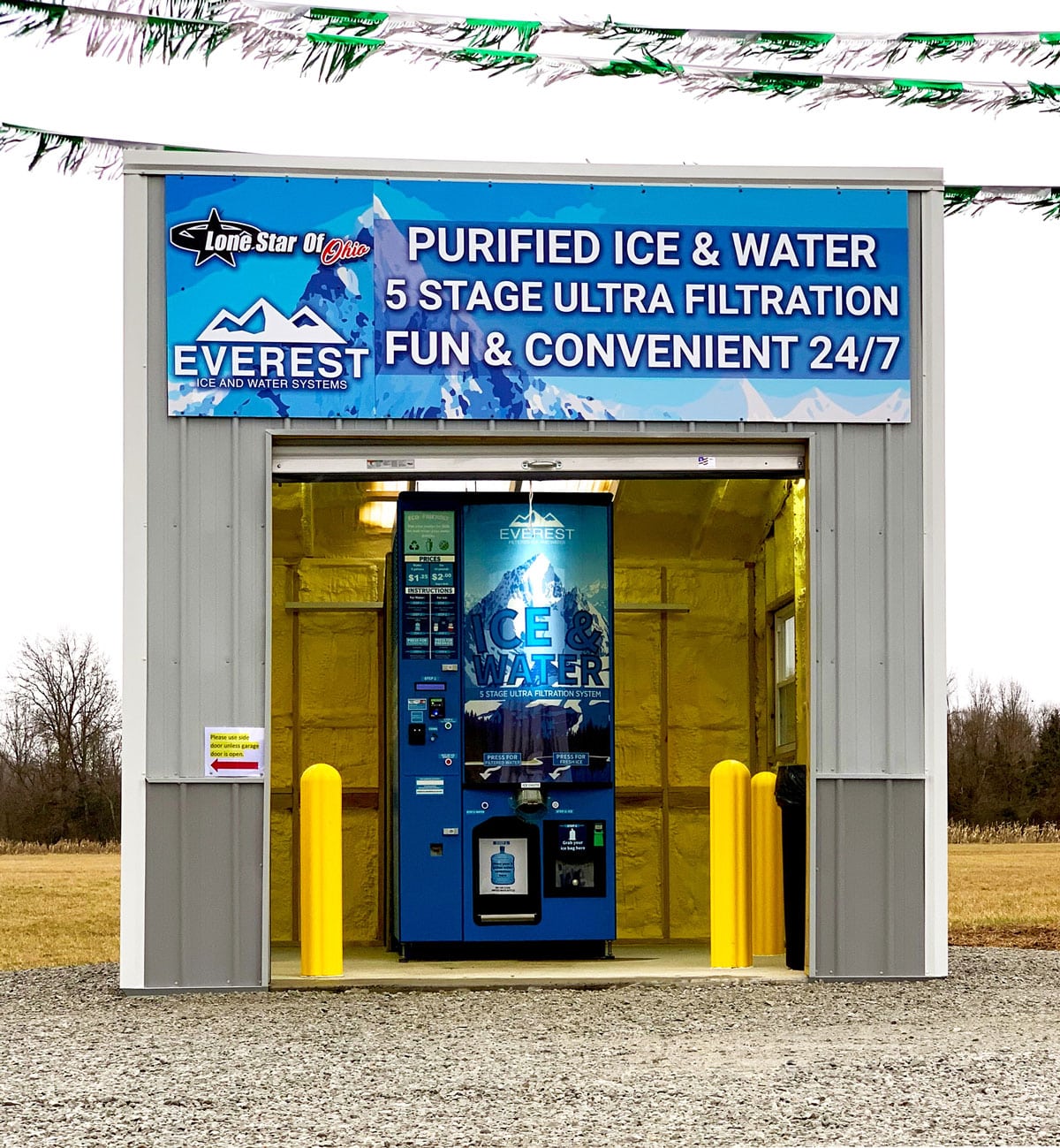 An Everest Ice and Water Vending Machine inside of a portable building